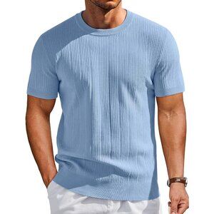 Men's Light Blue Short Sleeve Knit Casual Crewneck Ribbed Dress Tee T-shirts